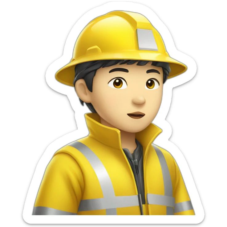 chinese boy with thick lip wearing yellow rain jack and white safety helmet doing inspection sticker