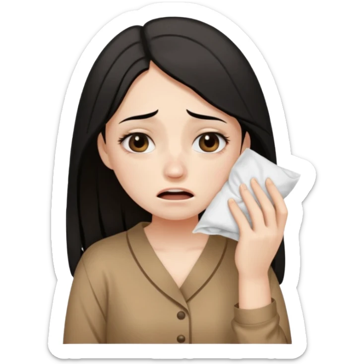 a pretty bratz fair girl wearing a brown pajamas, dark circles, crying, holding tissues. black hair sticker