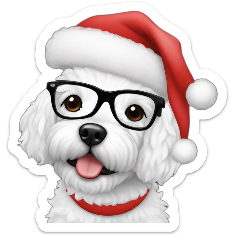 woman-black hair-christmas hat-with glasses-with bichon dog-white-smile sticker