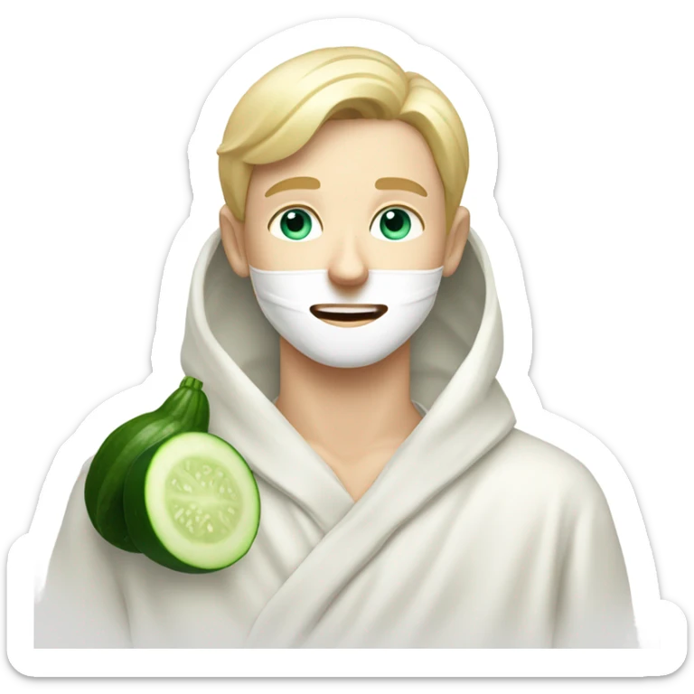 White boy with Blond hair and blue eyes wears a Green colored clay mask( skincare) and puts on cucumbers around her eyes while She relaxes in her white Robe sticker