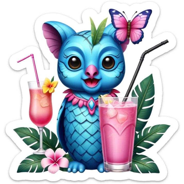 Pixar style little Blue and pink tiki singing with a butterfly and tropical drink, ultra detailed and lifelike imagery, realistic sticker