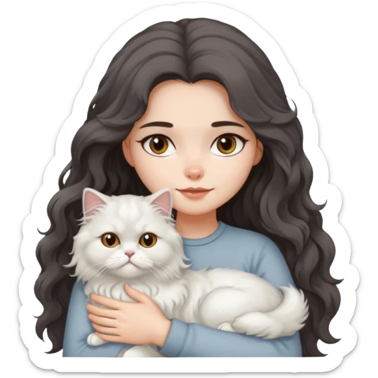a girl with long dark wavy hair hug a fluffy persian cat with dominant white body and gray on its forehead  sticker