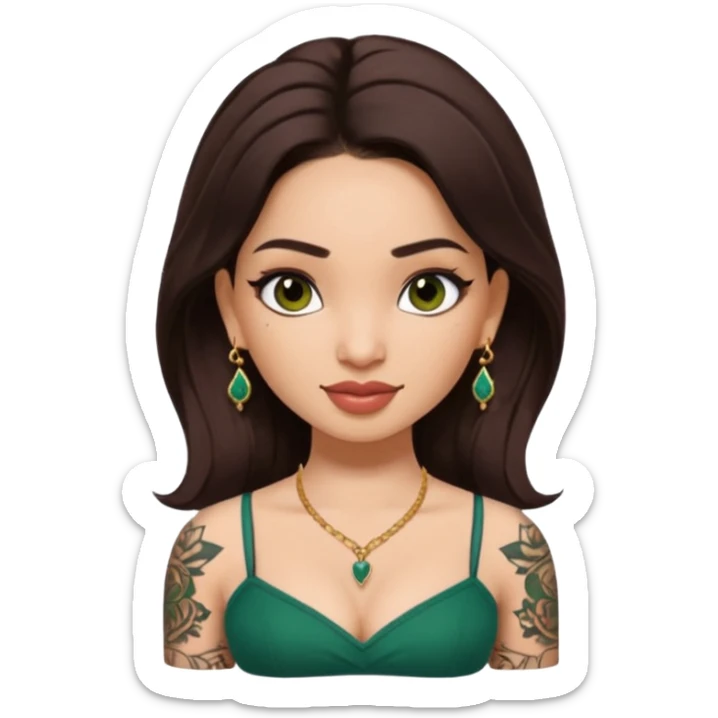 pretty bratz genmoji that looks like tamannah bhatia (bollywood actress), wearing a dark green sweetheart neckline top, dark brown hair, light makeup, no necklace, dangly earrings, side hair part, dark brown eyes, with full tattoos and neck tattoo big sticker