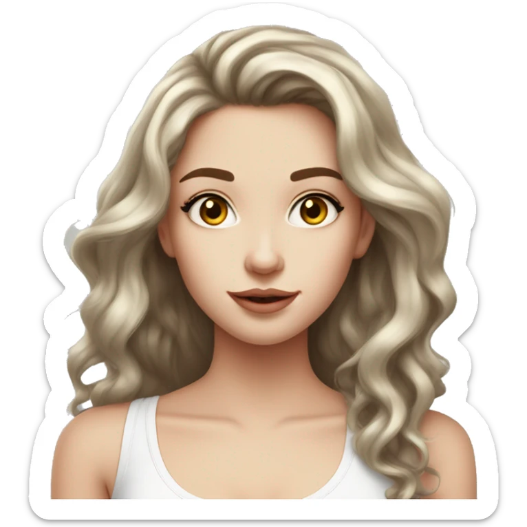 Cute girl, pale skin, big lips, wavy hair, long hair, brown hair, big lashes, white tanktop, long hair  sticker