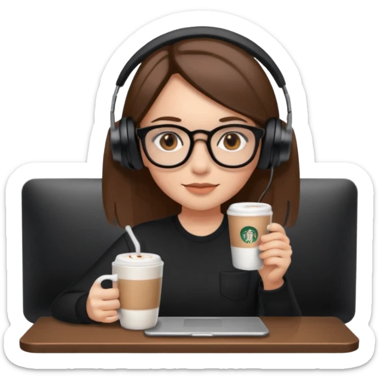 A girl with shoulder-length brown straight hair, wearing black-rimmed glasses, light skin, brown eyes, and black Marshall headphones, drinking a cappuccino. She is a social media manager, so include visual elements like a phone with social media apps or a laptop with analytics. sticker