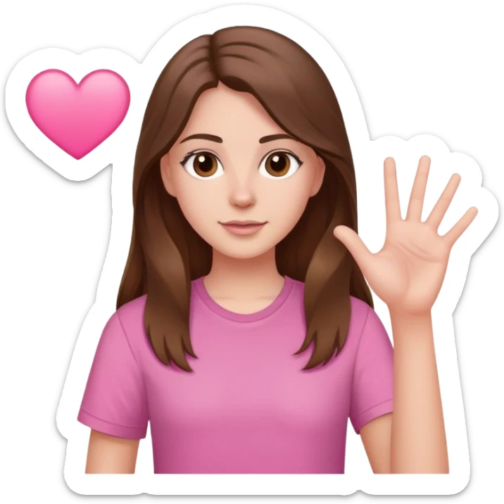 one white girl with long brown hair and brown eyes wearing a pink shirt making a hand heart  sticker