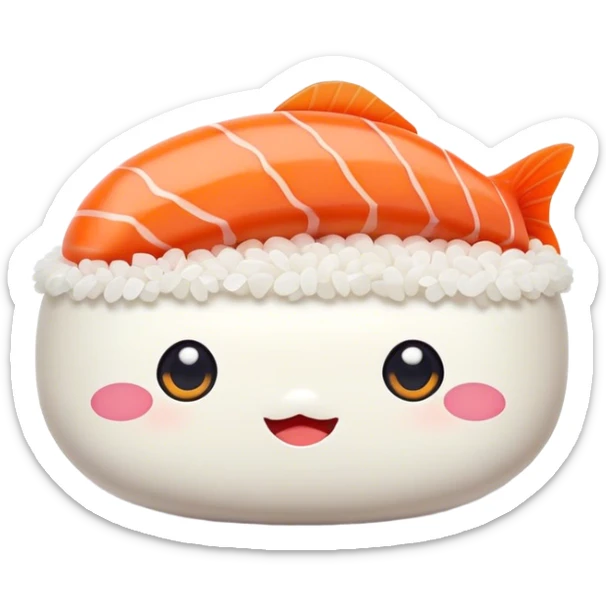 Cute Kawaii Nigiri Sushi, plump and happy, a soft white rice pillow topped with bright orange salmon, tiny blushing cheeks, big round eyes, a joyful floating expression! sticker
