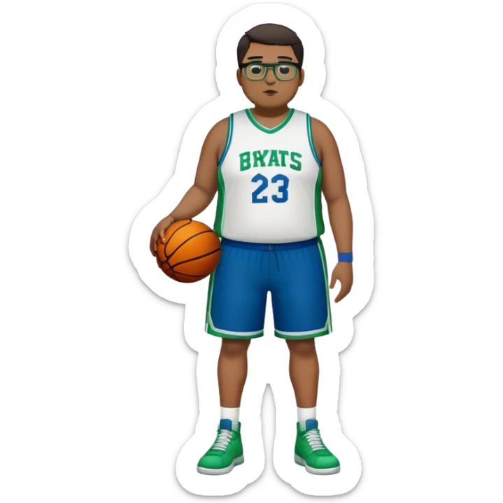 Full Body tall plus size white male with dark short hair basketball player wearing glasses wearing blue green uniform sticker