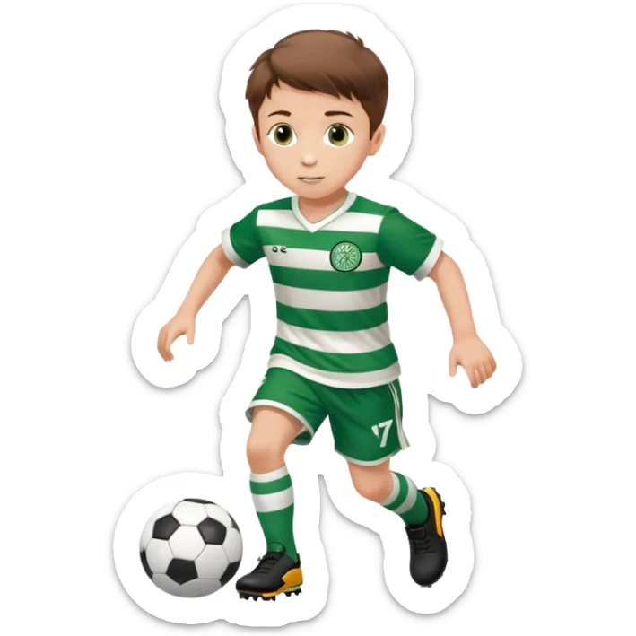 Celtic footballer jersey logo  6 years old brown hair white boy , brown eyes , stripes uniform , RUNNING  with soccer ball # 17 celtic football logo PUT ONLY ONE LOGO ONE CELTIC LOGO ONLY  sticker
