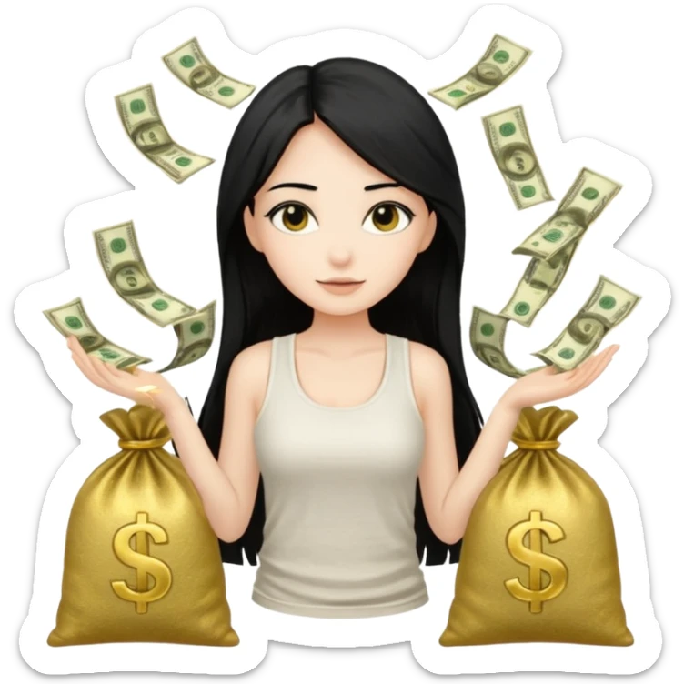 a pretty bratz fair girl with long straight black hair  with a white tank top surrounded by money bags sticker