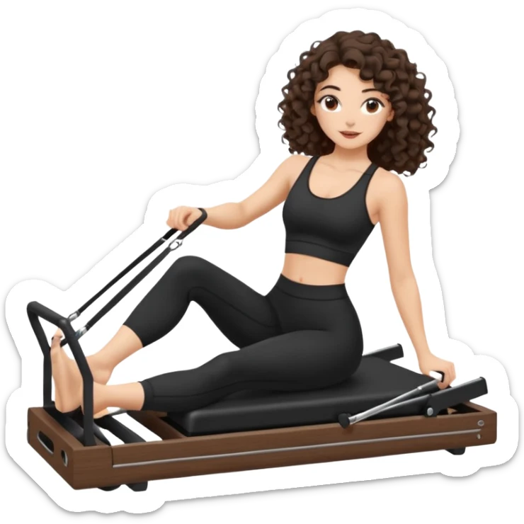 brunette,curly hair shoulder length,turkish,beautiful,with some eyelined eyes, 3b girl doing reformer pilates with black pilates cutesy set,on reformer machine,making different moves.just one person sticker