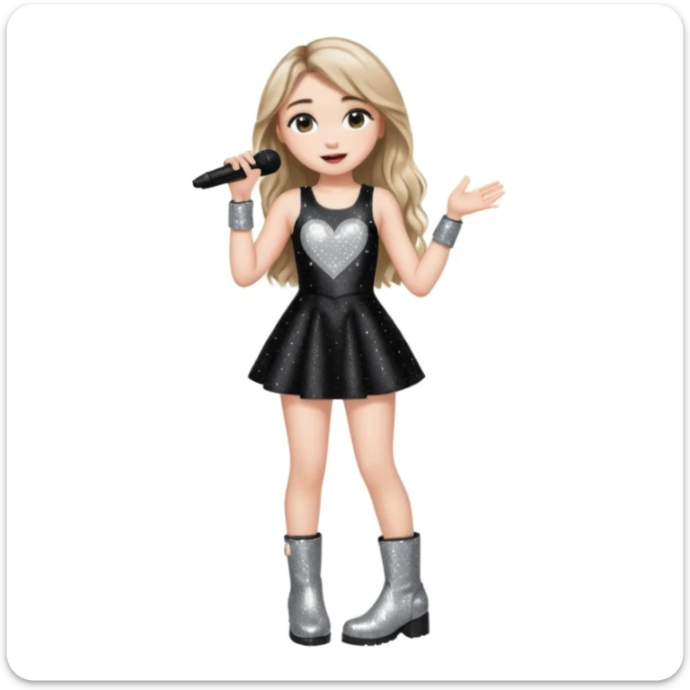 Sabrina carpenter singing at a concert wearing a black sparkly mini dress with silver at the end, with silver sparkly boots with heart cut out on the side sticker