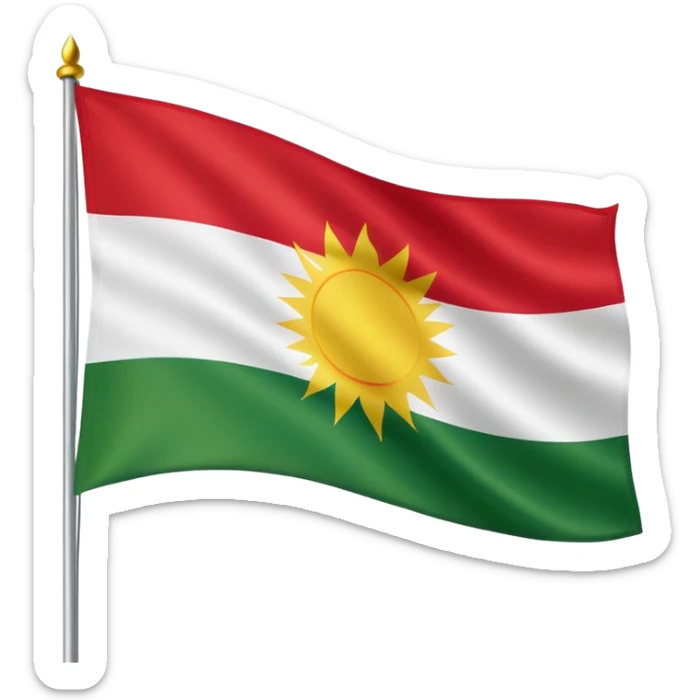 flag of Kurdistan with red, white and green horizontal stripes and a yellow sun symbol sticker