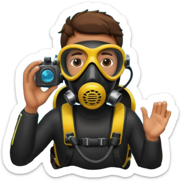 male dive photographer underwater wearing scuba gear taking photos of coral reefs sticker