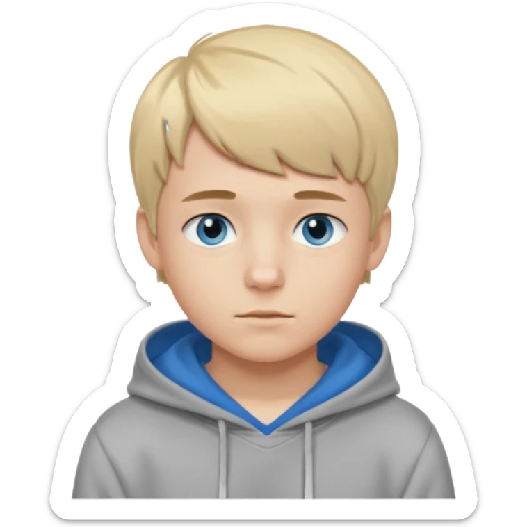 Teen boy with blue eyes and Grey hoodie standing up with blond short hair and short bangs sticker
