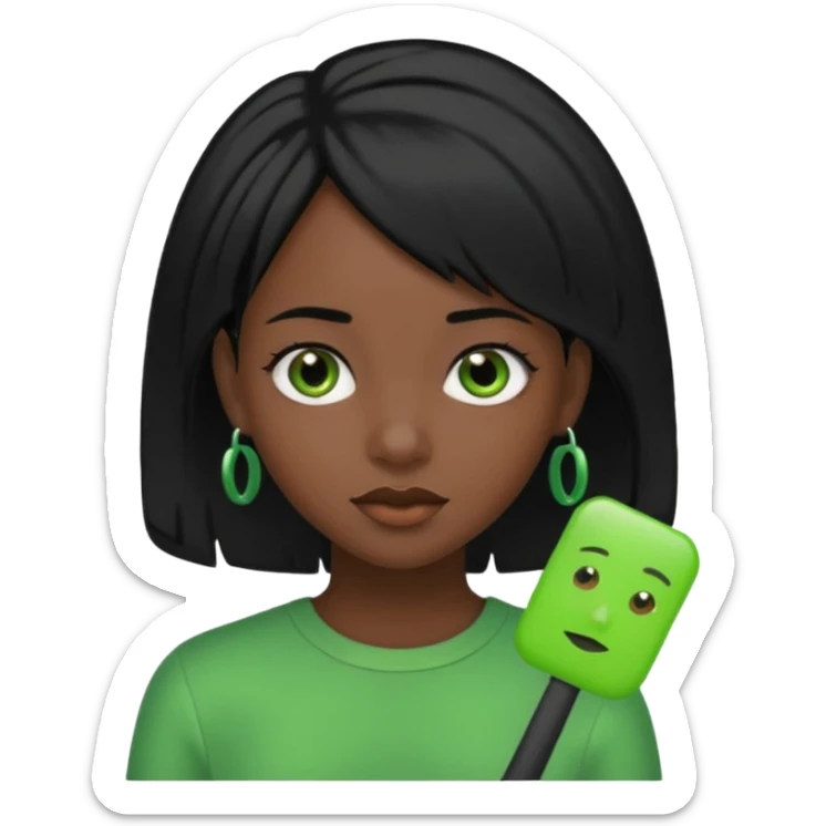 black girl with black hair and green color hairclip sticker
