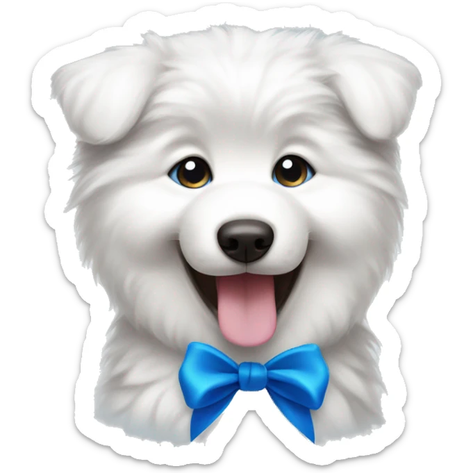 Samoyed puppy with big eyes and tongue smiling with blue Ribbon 
 sticker