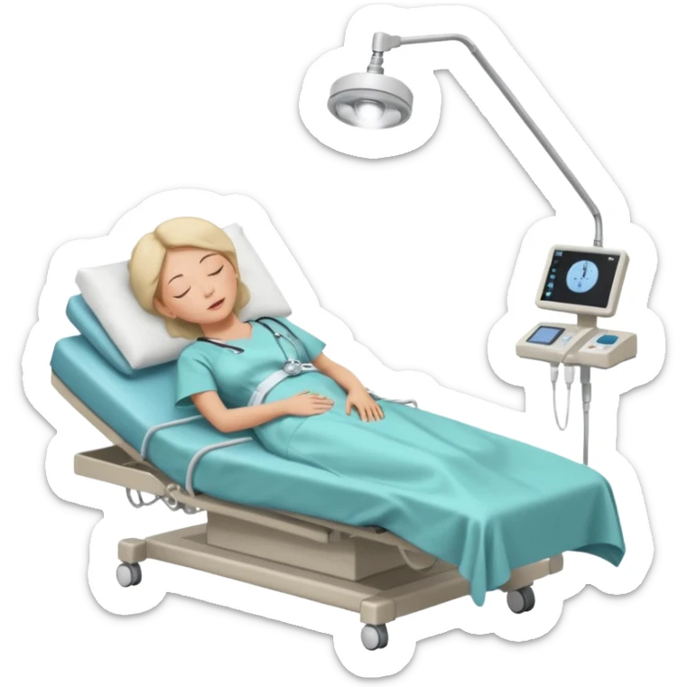 A woman in her 50s lying on an examination bed with eyes closed, shown in a wide, full-body view in a clean colonoscopy procedure room. Only the patient is visible. sticker