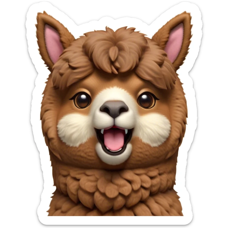 Cinematic Cute Yawning Brown Alpaca Portrait Emoji, Head tilted slightly with a dramatic, wide-open yawn, showcasing a soft, plush brown fleece with gently drooping ears, round warm eyes barely open in drowsy contentment, Simplified yet irresistibly adorable features, highly detailed, glowing with a soft, cozy glow, high shine, relaxed yet expressive, stylized with a touch of whimsy, bright and endearing, soft glowing outline, capturing the essence of a sleepy yet affectionate alpaca, so drowsy it feels like it could stretch out of the screen and curl up for a nap! sticker