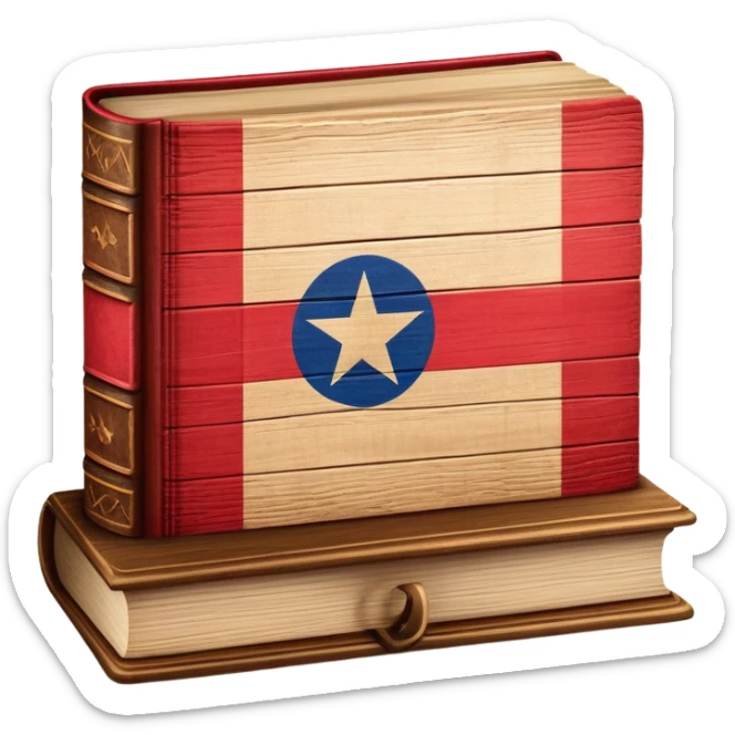 Elegant aged book with the Puerto Rican flag embossed on the cover, wooden theater stage symbol, vintage textured cover with warm wood and parchment tones, slightly glowing, representing the eternal legacy of scenic design in Puerto Rico sticker