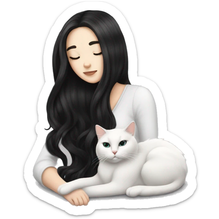 A pretty white girl with very long black hair and sleeping curled up to a white cat  sticker