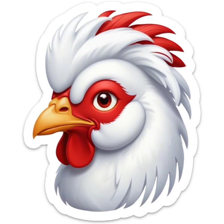 Cinematic Cute White Rooster Portrait Emoji, Head tilted playfully and inquisitively, featuring a glossy, immaculate white plumage with a vibrant red comb, round, sparkling eyes filled with curiosity, Simplified yet irresistibly adorable features, highly detailed, glowing with a warm, friendly glow, high shine, affectionate and spirited, stylized with a touch of farmyard whimsy, bright and endearing, soft glowing outline, capturing the essence of a mischievous yet loving rooster, so playful it feels like it could strut out of the screen and into your arms! sticker