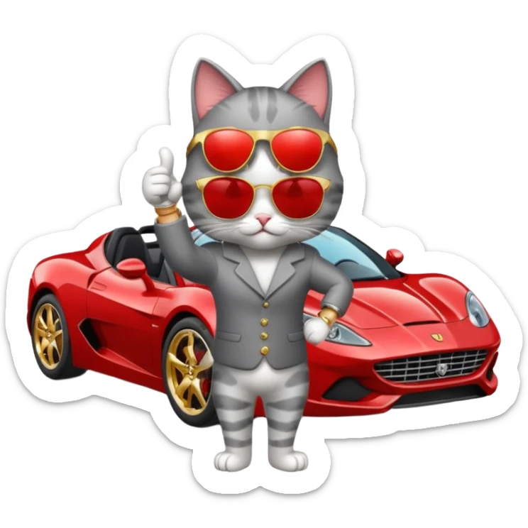 cat wearing sunglasses and a watch giving a thumbs up next to a fancy car sticker