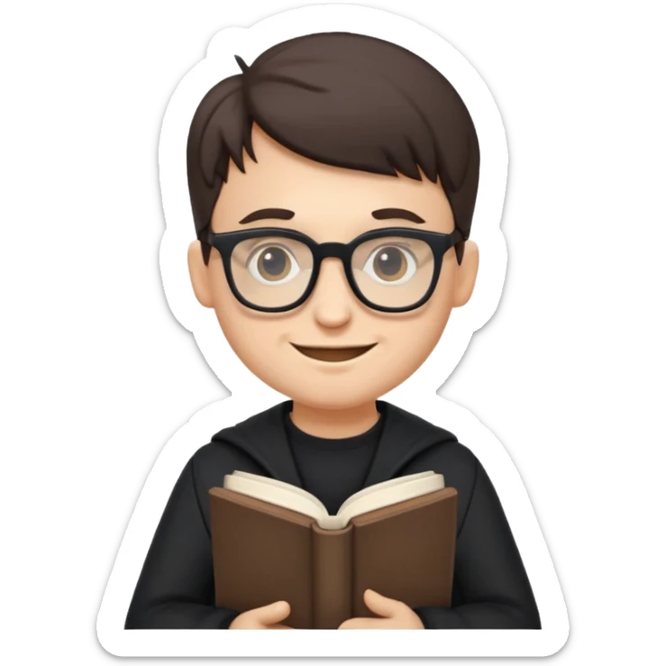 edgelord nerd, holding a book, wearing dark clothes and glasses, mischievous smirk, fun emoji style sticker