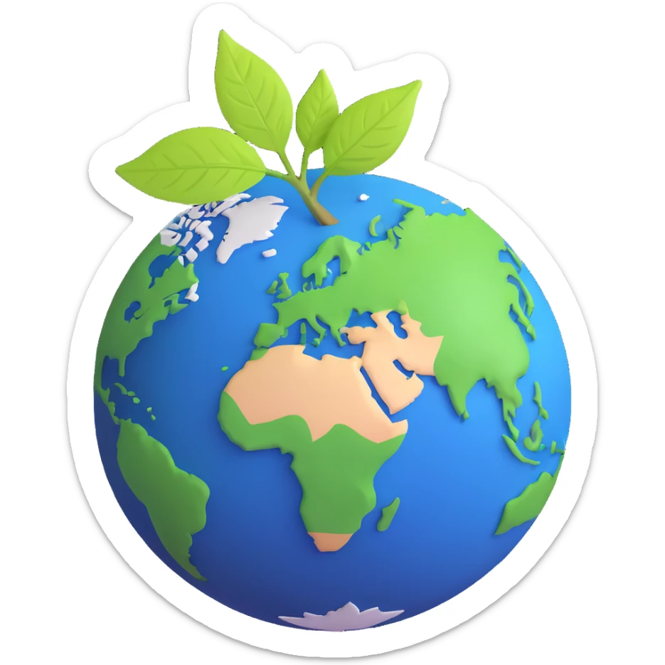 A single green leaf resting gently on top of a vibrant, round Earth globe. The focus is on the leaf and the globe with a simple background and soft natural lighting sticker