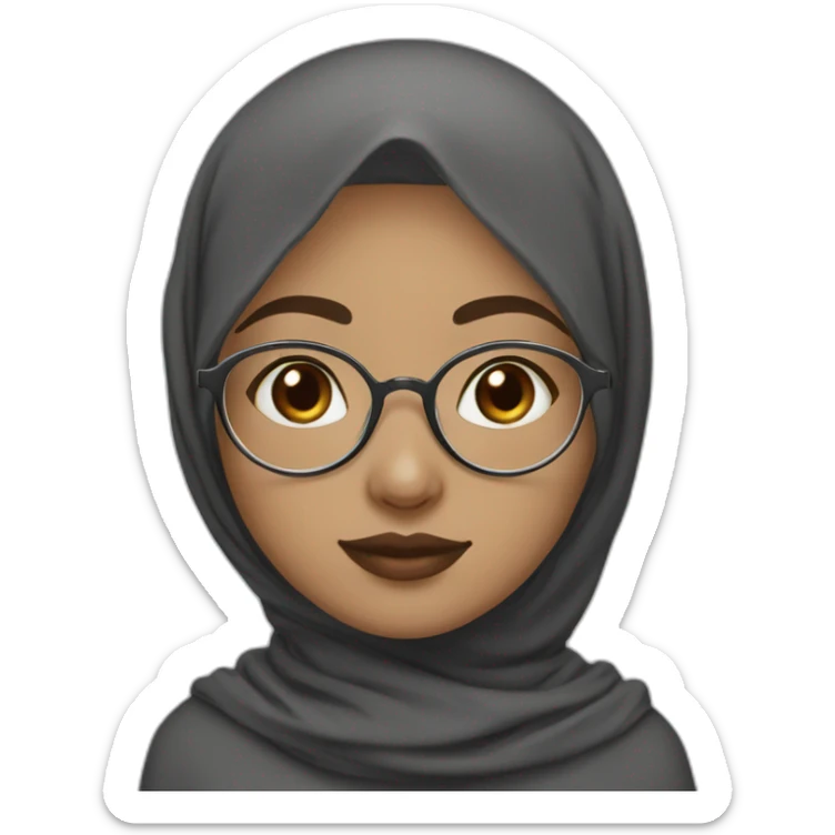 Hijab black color white fair skin girl brown eyes wearing round circular metal glasses, no make up, small lips,big cheeks, almond eyes, triangle nose sticker