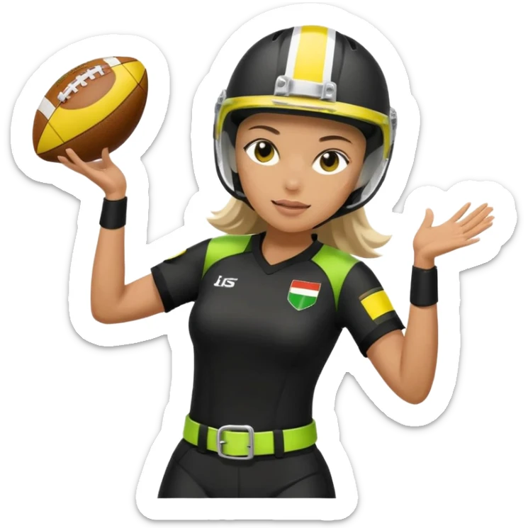 woman catching a football, wearing a helmet, black uniform with white accents, lemon lime flag belt, no country flags sticker