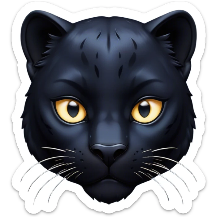 Cinematic Noble black Panther Portrait Emoji, Poised and regal, with a sleek, muscular build draped in glossy, midnight-black fur and piercing, luminescent eyes, Simplified yet sharp and sophisticated features, highly detailed, glowing with a soft, mysterious glow, high shine, intelligent and enigmatic, stylized with an air of stealthy authority, focused and commanding, soft glowing outline, capturing the essence of a watchful and confident jungle guardian that appears ready to prowl out of the screen with effortless authority! sticker