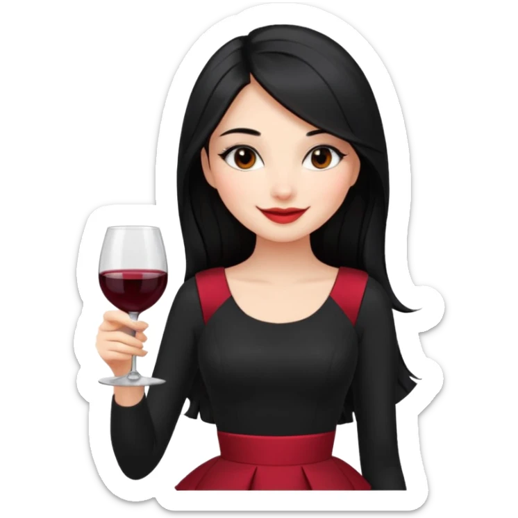 Juni – Cewe ramah  Kulit putih bersih, rambut hitam panjang sleek lurus. Pakai peplum item .  tatapan percaya diri senyum. setengah badan makeupnya bold pegang wine sticker