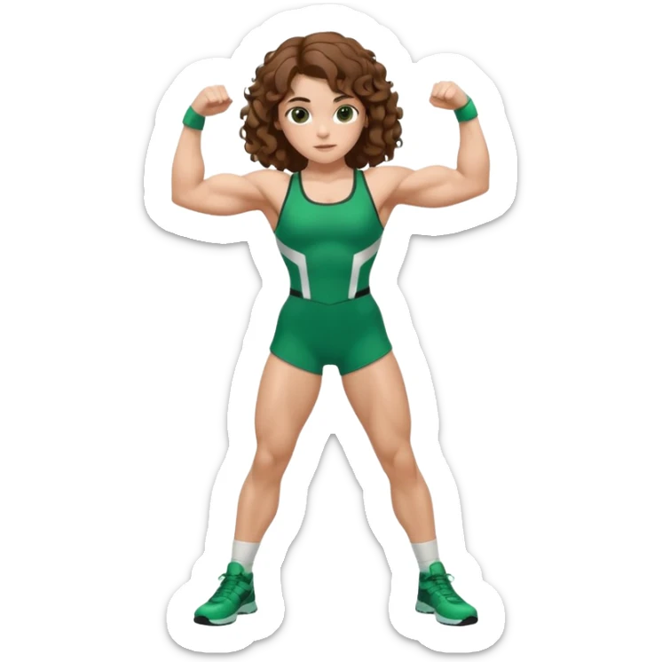 flexing muscles, big biceps, muscled torso, very beautiful italian girl, looking like Emma Watson, with curly and big volume very bright brown hair, dressed in a beautiful green sports costume, full body sticker