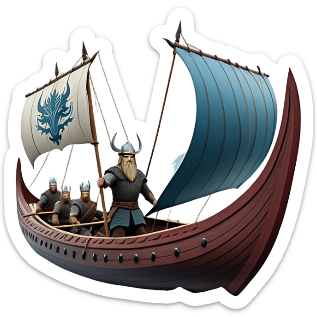 clash-of-clans-aesthetic_-cinematic-viking-longboat, rendered in a flat, bold vector style with minimal shading, featuring a striking dragon-headed prow slicing through icy, churning waters. shields on the side and vikings rowing The longboat’s intricately detailed shields and carved motifs evoke a sense of epic adventure and Nordic might, with billowing sails catching a dramatic, stormy sky backdrop. sticker