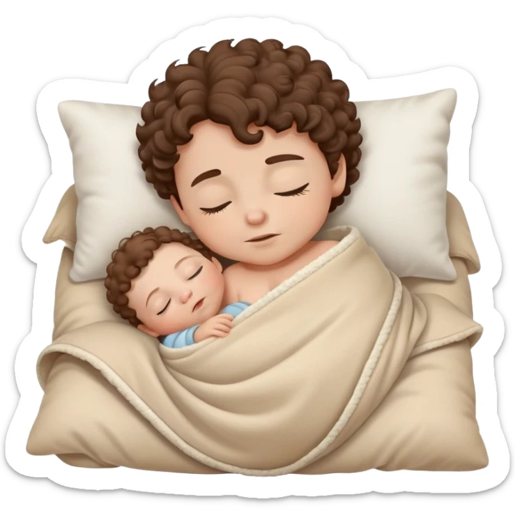 Sleeping Baby boy with curly brown hair, white skin, with beige blanket and pillows sticker