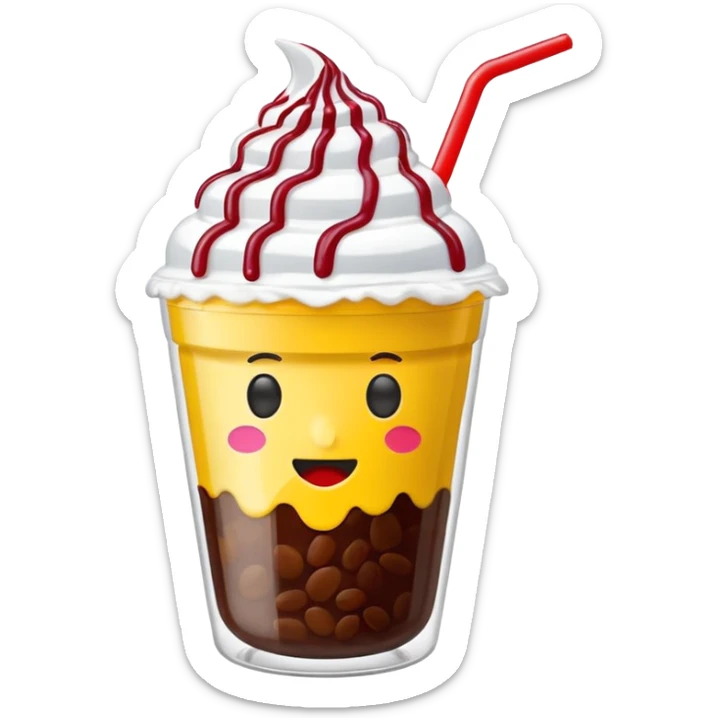 minimal LINE emoji shaved ice in a clear MEGA COFFEE cup, red beans and milk drizzle on top, ‘MEGA’ in bold yellow on the cup, no face, clean look sticker