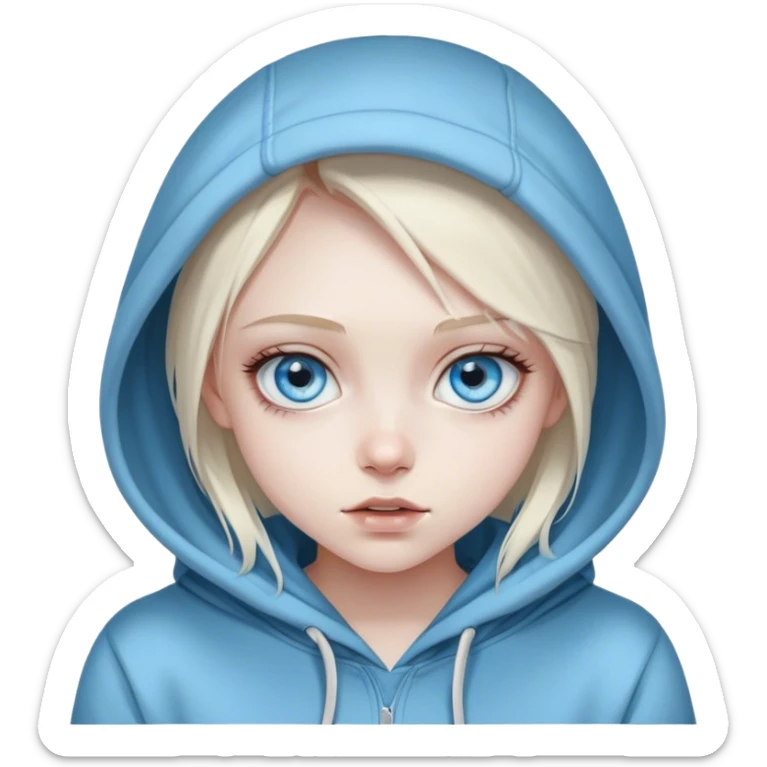 Cinematic girl with large sparkling blue eyes wearing a hoodie, Ultra realistic 32k HD, Breathtaking, hauntingly beautiful, Balanced features, highly detailed, glowing, high shine, enchanting, ghostly, dreamy glow, complex pose. The image is so lifelike it could leap off the canvas at any moment sticker