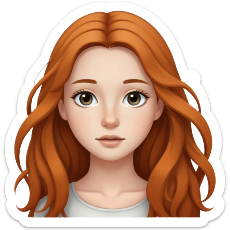 young woman with flowing long hair, dark black eyes, natural makeup, and cute freckles sticker