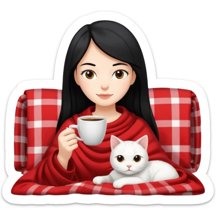 Beyaz kedi siyah saclı bayan elinde kahve ve battaniyesi sticker