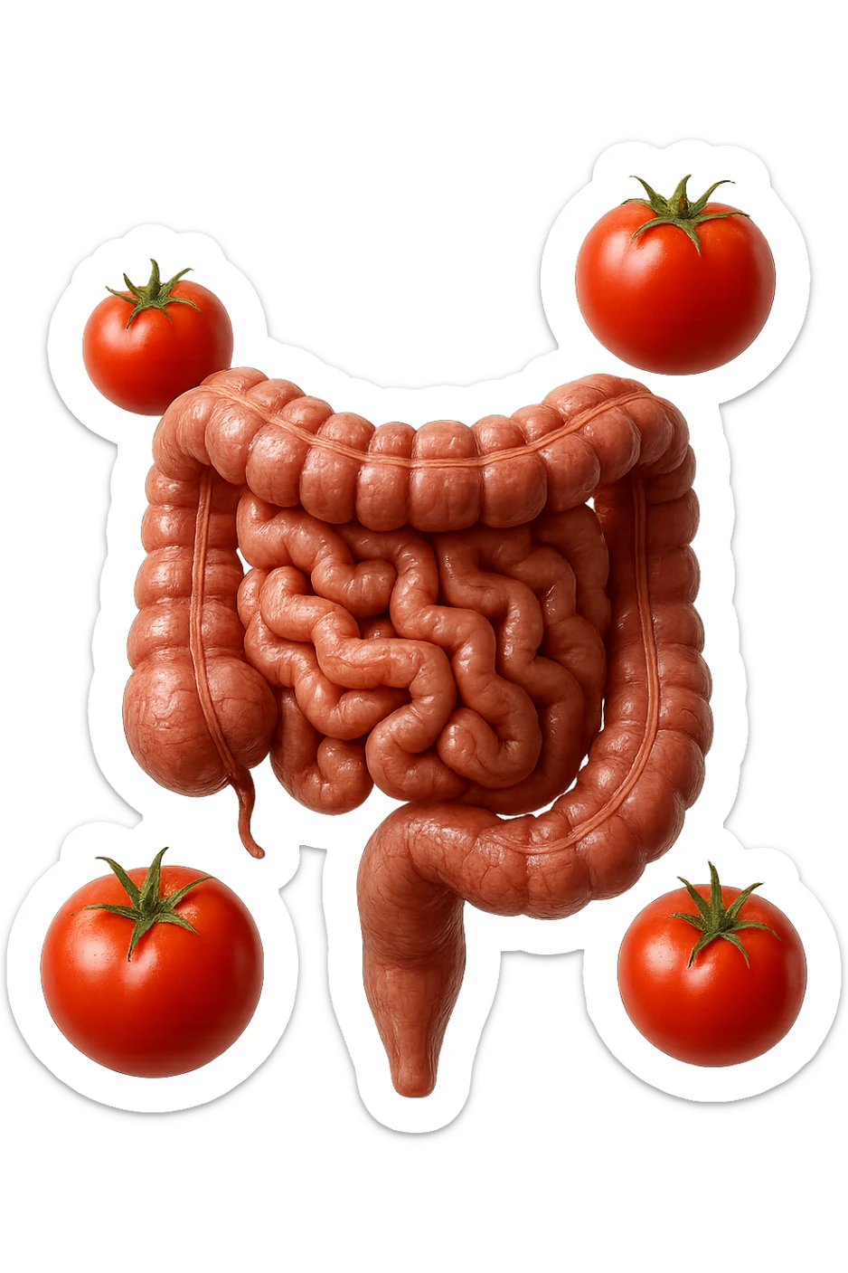 intestino umano anatomico con pomodori che gli fluttuano intorno, iperrealistico 4k sticker