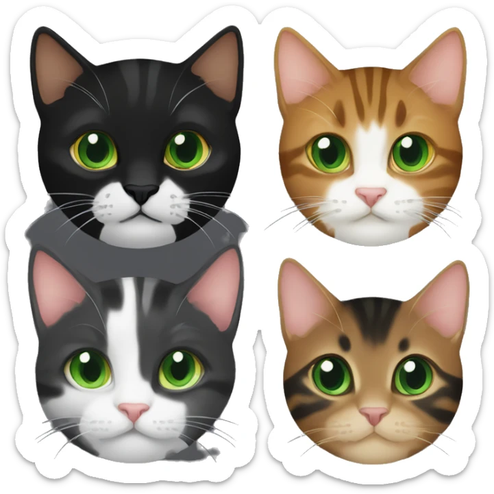 brown tabby cat with green eyes, black tuxedo cat with green eyes, dark brown kitten with orange eyes sticker
