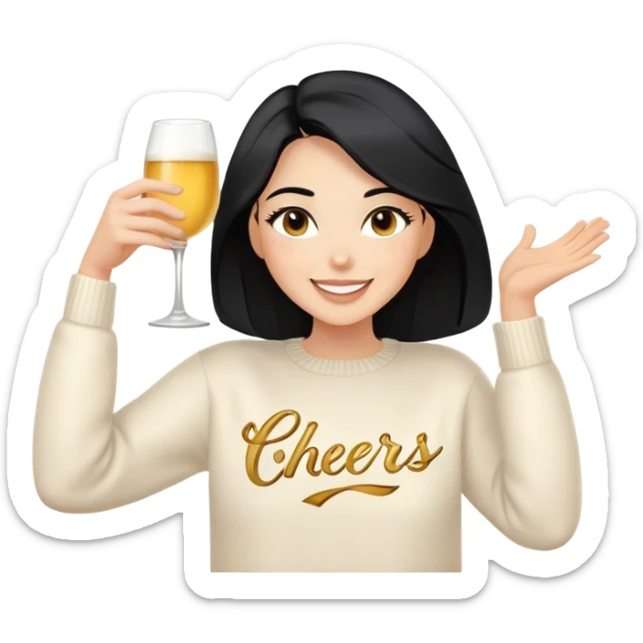 A woman with longer black hair, light to medium skin tone, full cheeks, and almond-shaped eyes, wearing a simple white sweater with the word 'cheers' in gold script, joyful and radiant expression, cheerful. sticker