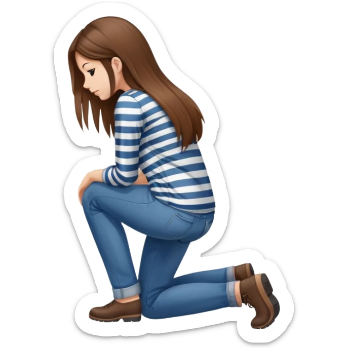 girl with long straight hair in jeans and striped shirt kneeling on the ground seen from behind sticker