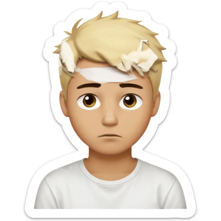 caramel skin color. Teen age. Short buzz, messy blonde hair, dark brown bushy eyebrows large expressive golden-brown eyes, brown skin color, scar over nose, wearing a plain white t-shirt. 20 year old male. thinking facial expression. caramel skin color.  sticker
