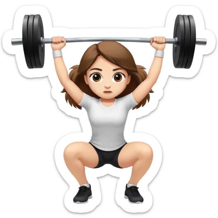 A girl with light skin, big eyes, long brown hair and wearing a white shirt is doing an overhead squat with a lot of weight on the barbell sticker