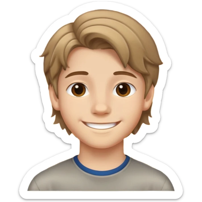 Teen boy with light complexion, brown curtain hair, middle part hairstyle, smiling face, 14 years old sticker