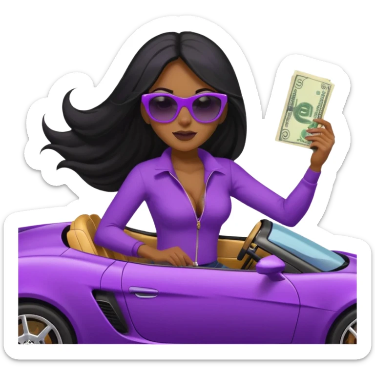Black woman with long hair riding in a purple sports car with money falling sticker
