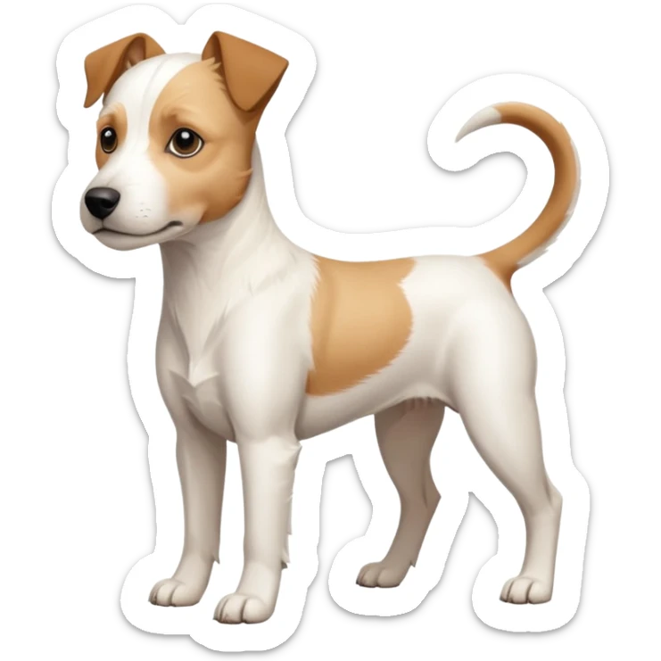 a full body buff white parson russell terrier looking dog the size of a kelpie with light brown long ears and a light brown patch on one eye and a large snout. the rest of the dog is completely white. forward facing sticker