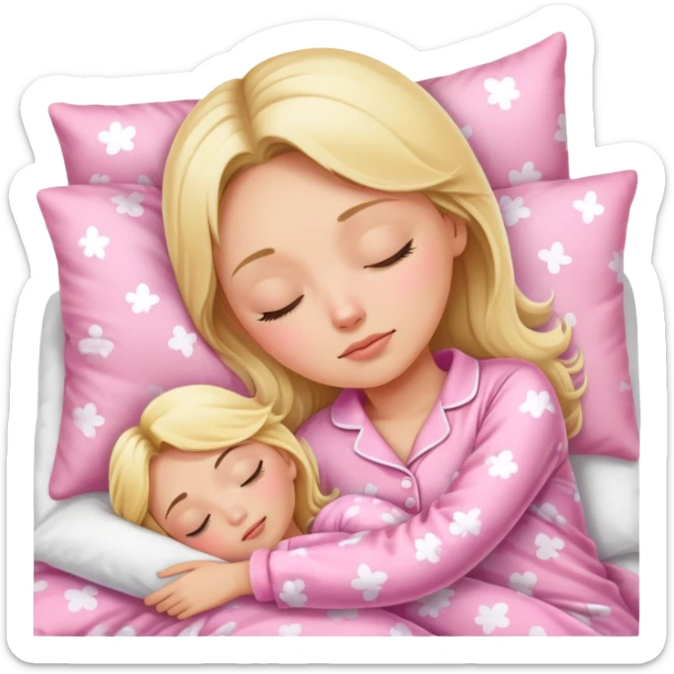 One adult blonde girl in pink Pajamas is sleeping in the bad  sticker
